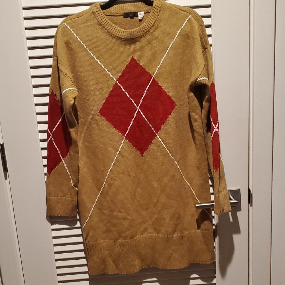 Argyle Sweater Dress with Red Diamond Pattern
